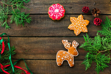 cookie gingerbread and cup of coffee or tea festive table party new year gift christmas festive table setting holidays party tasty serving size portion top view copy space food background rustic