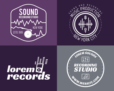 Set of music production logo Musical label icons. Stylish patch and emblem print or logotype Guitars badge for sound studio t shirt. Podcast, radio badges. Music icon template