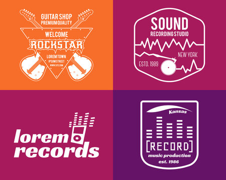  music production logos set Musical label icons. Music insignia and emblem print or logotype Guitars badge for sound recording studio t shirt, sound production Podcast, radio badges. Music icon