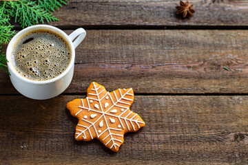 cookie gingerbread and cup of coffee or tea festive table party new year gift christmas festive table setting holidays party tasty serving size portion top view copy space food background rustic