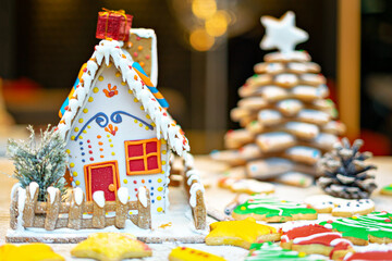 gingerbread house and gingerbread christmas decoration in the snow