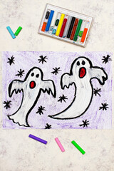 Colorful drawing: Two Scary White Ghosts. Halloween drawing on white  background
