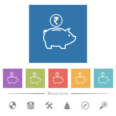 Indian Rupee piggy bank flat white icons in square backgrounds
