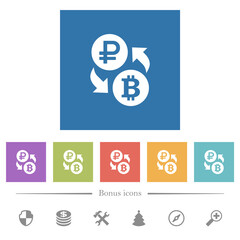 Ruble Bitcoin money exchange flat white icons in square backgrounds