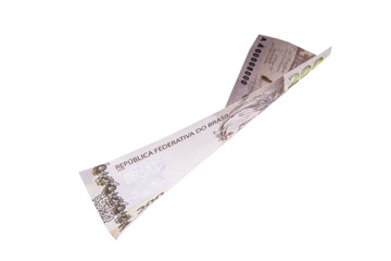 two hundred reais banknote, in free fall, money rain with white background. One-off focus, concept...