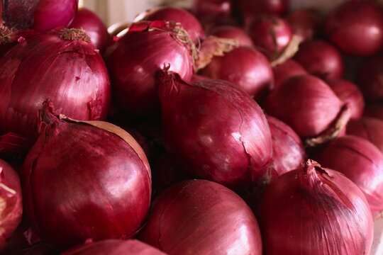 Up-close image of purple onions at a Farmer's Market in Wilmington, NC