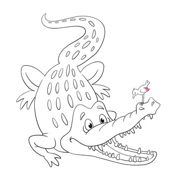 Big crocodile and a small bird. Black and white picture with pink accent. In cartoon style. Isolated on white background. For coloring book.