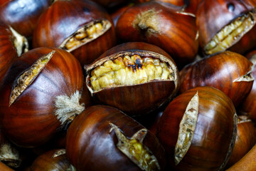 Chestnuts cooked on the grill, ready to eat.