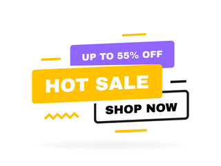 Hot sale banner design with geometric elements. Shop now and up to 55 percent off. Banners template design for business, promotion, sale and advertising. Vector illustration