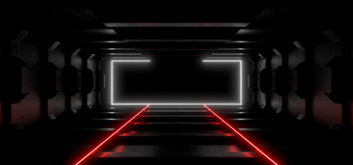 Sci Fy neon lamps in a dark tunnel. Reflections on the floor and walls. 3d rendering image.