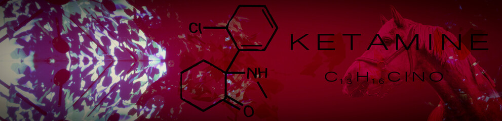 Ketamine. Chemical formula, molecular structure .Ilustration for your desigen. Abstract background.  
Anesthetic for horses.