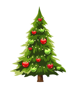 Vector Christmas tree decorated with red and green balls isolated on a white background.