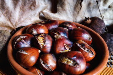 Chestnuts cooked on the grill, ready to eat.