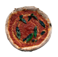 Overhead shot of a vegan cheese-less marinara pizza with basil leaves on a white background