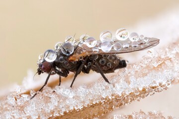 extreme close up of  a fly covered with dew drops on ice crystals.
