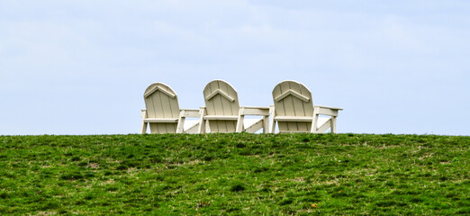row of empty white chairs in the park