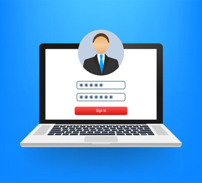 Login page on laptop screen. Notebook and online login form, sign in page. User profile, access to account concepts. Vector illustration.