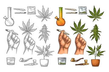 Set Marijuana. Cigarettes, pipe, lighter, buds cannabis. Vintage engraving