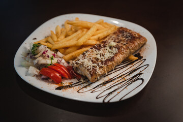 roast meat with cheese and salad on a plate and salad on a plate