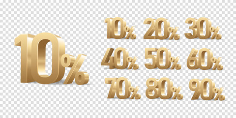 Discount 3D golden numbers with percent sign, isolated on transparent background. Set of discount numbers. - obrazy, fototapety, plakaty
