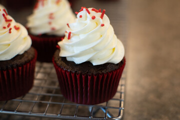chocolate cupcake with whipped cream frosting and red sprinkles