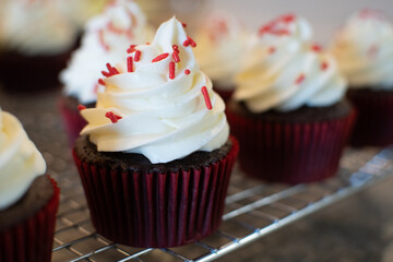 chocolate cupcake with whipped cream frosting and red sprinkles