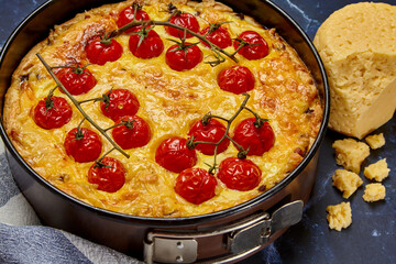 Delicious pie with baked tomatoes on a branch and chicken