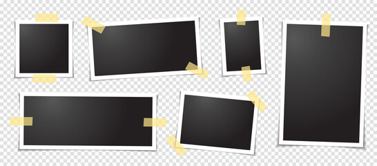 Fototapeta na wymiar Polaroid photo frames fixed with adhesive tape on a transparent background. Photo frame on sticky tape, isolated. 
