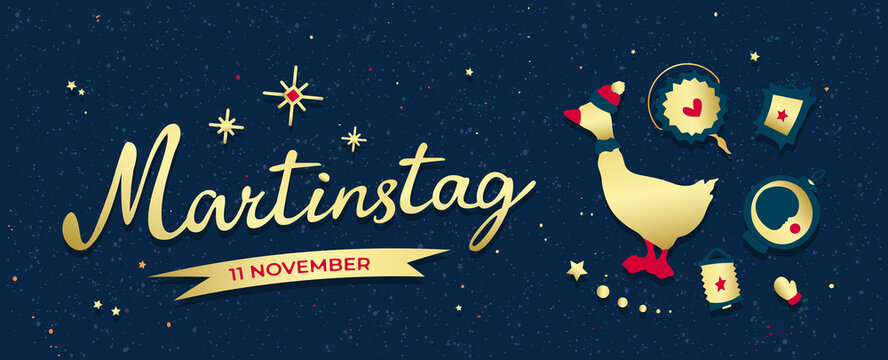 Martinstag (sint-maarten) fest or Saint Martin day. Сelebrated on November 11 in Germany, France. Paper lantern parade for kids. Golden goose or gander in cap. Vintage lettering on grainy background. 