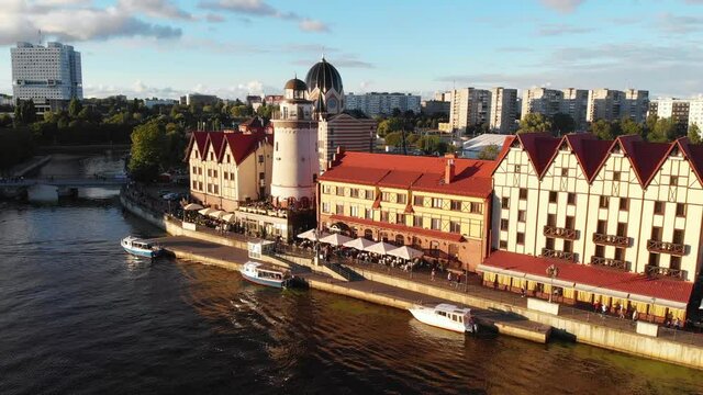 Aerial view of a Kaliningrad, former Koenigsberg, Kaliningrad Oblast, Russia, with Fishermen Village and Konigsberg Cathedral
