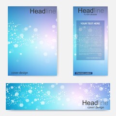 Set flyer, brochure size A4 template,banner. Molecular structure with connected lines and dots. Scientific pattern atom DNA with elements for magazine, leaflet, cover, poster design.