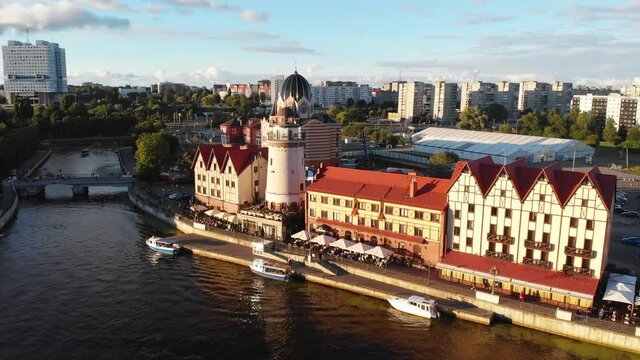 Aerial view of a Kaliningrad, former Koenigsberg, Kaliningrad Oblast, Russia, with Fishermen Village and Konigsberg Cathedral
