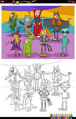 cartoon Halloween characters group coloring book page