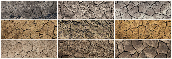 Cracked dried soil texture set. Collection of panoramic backgrounds. Dry ground with cracks. Brown...