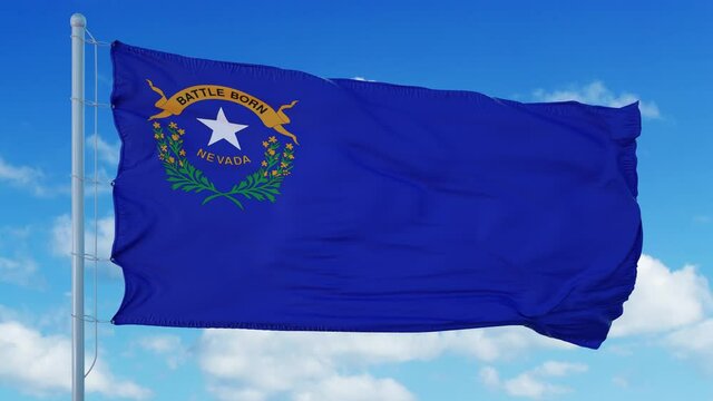 Nevada flag on a flagpole waving in the wind, blue sky background. 4K