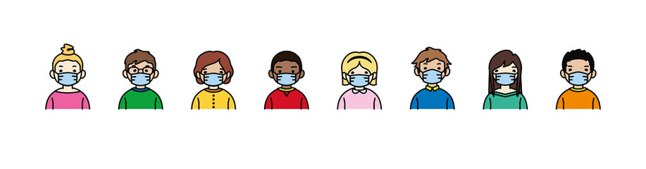 Kids mask set. Little boy and little girl wear face mask protect virus. Social distancing concept. Vector characters and illustrations isolated on white background.