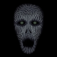 Blue patterned skull or alien head with open mouth on a black background, digital painting, concept for suspense and horror.