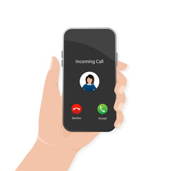 Incoming call in flat style. Perspective vector. Accept button, decline button. Black background. Vector flat design. Call screen mockup.