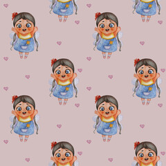 Fototapeta na wymiar Cute kids collection. Seamless pattern. Little fairy girl with a red bow on her head, long hair, wings and a magic wand in her pocket on a pink background with hearts. Watercolor. Hand drawing