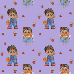 Cute kids collection. Seamless pattern. Little funny fairy with a red bow, long hair, wings and a magic wand in his pocket and a smiling boy with a ball on a blue background with hearts. Watercolor.