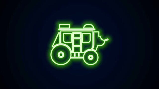 Glowing neon line Western stagecoach icon isolated on black background. 4K Video motion graphic animation.