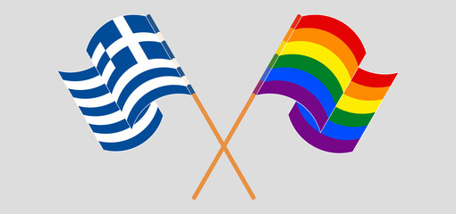 Crossed and waving flags of LGBTQ and Greece