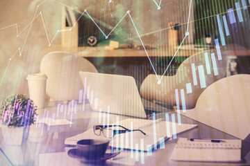 Double exposure of stock market graph drawing and office interior background. Concept of financial analysis.