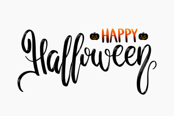 
Happy Halloween lettering and pumpkin lanterns with glowing eyes. Template for a postcard, banner, party.