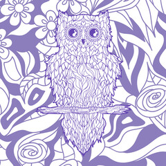 Colored square pattern with abstract owl. Hand drawn background. Colorful art