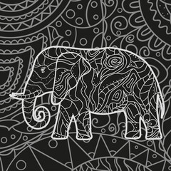 Square pattern. Hand drawn patterned elephant. Black and white illustration