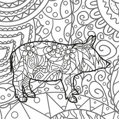 Abstract patterned pig. Hand drawn ornaments. Design for spiritual relaxation for adults. Black and white illustration