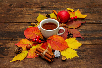 Hot tea with colorful autumn leaves, acorns, cinnamon and rosehip berries