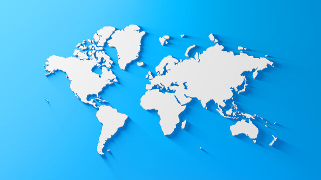 World map with drop shadows. White blue theme. 3d image