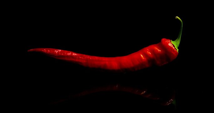 time lapse of drying red pepper on black background, drying process